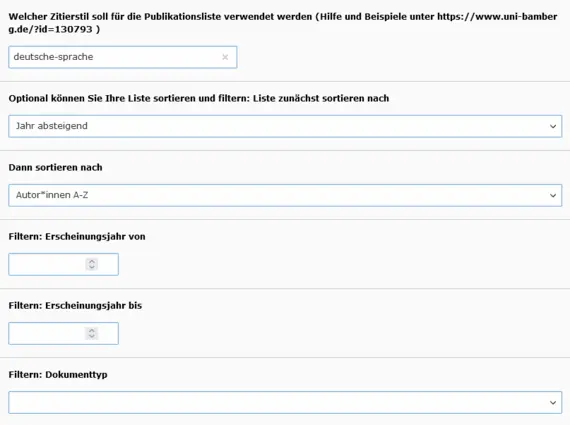 Screenshot: Auswahl des Zitationsstils sowie Sortier- und Filtermöglichkeiten im Typo3-Plugin für Publikationslisten