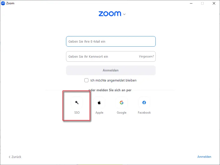 Zoom-Client mit markierter Schaltfläche zur Anmeldung mit SSO an Zoom