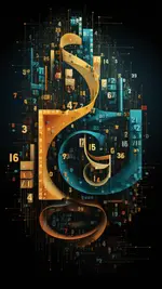 Abstract objects in blue and yellow tones surrounded by numbers