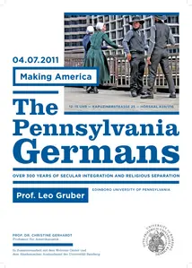 Poster for the guest lecture by Prof. Leo Gruber. In addition to the information about the event, it shows a photo of four Pennsylvania Germans. 