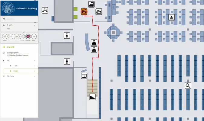 Screenshot des Rauminfosystems der UB Bamberg. Es wird ein Weg zu den Campusprint-Geräten im zweiten Obergeschoss der Teilbibliothek 3 angezeigt.