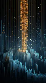 Ein goldener Regen von Bits ergießt sich von oben und bildet hohe Säulen von Daten