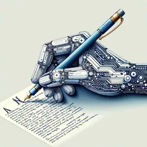 A half-human, half-robotic hand holding a pen over a piece of paper