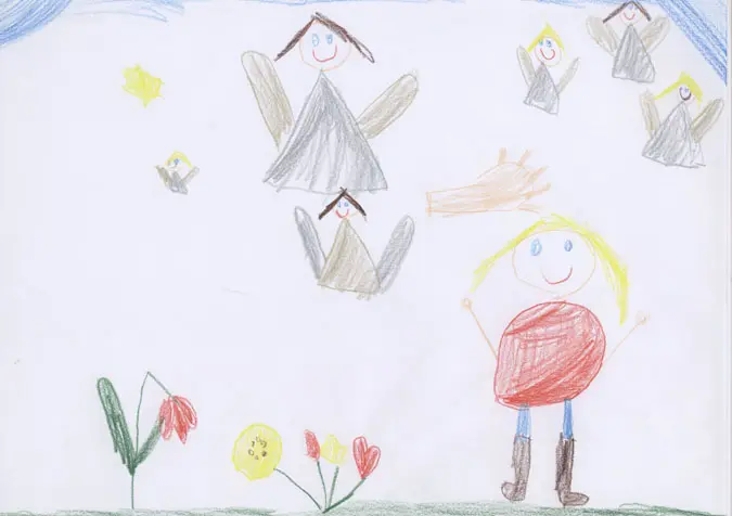 Kinderzeichnung zeigt Kind, Engel und eine schützende Hand