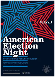 Poster of the American Election Night. In addition to the information about the event, it shows two big stars, blue and red, on a black background.