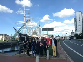 Photos of different sights in Hamburg and the participants of the seminar exploring them.