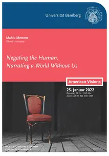 Poster for the guest lecture by Mahlu Mertens. In addition to the information about the guest lecture, it shows an old chair with ripped red upholstery on bare wood theater stage