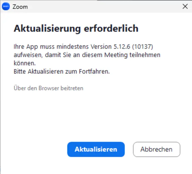 Dialogfenster des Zoom-Clients mit der Aufforderung, die App zu aktualisieren