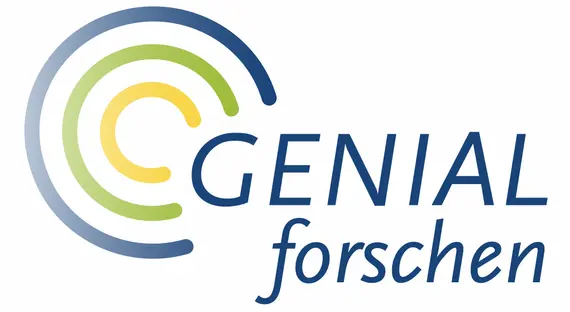 Dies ist das Logo von GENIAL forschen. Links oben sind drei Kreise in den Farben gelb, grün und blau zu sehen, die jeweils größer werden. Rechts unten steht in blau "GENIAL forschen"
