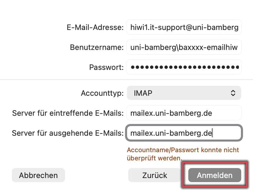 Ansicht Konfiguration des Aufgabenbezogenen E-Mail-Kontos