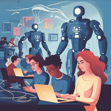Illustration: Forschende arbeiten, im Hintergrund sind Roboter zu sehen.
