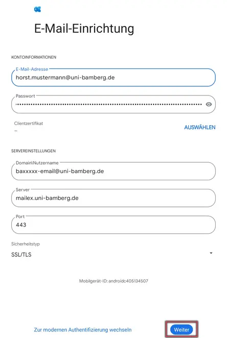 Ansicht Konfiguration der Postfacheinstellung
