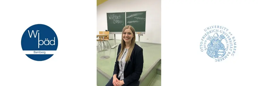 Portrait von Sabrina Sailer-Frank umrahmt von den Logos der WiPäd sowie der Universität Bamberg