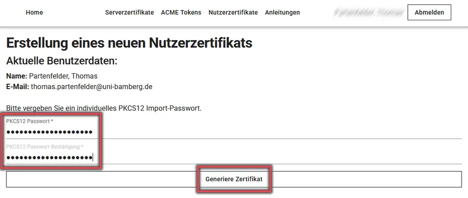 Ansicht Zertifikat generieren
