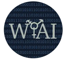 Das Logo des WIAI Frauenbüros. Der Schriftzug WIAI auf dunkelblauem Hintergrund mit Binärcode. Das erste "I" von WIAI wurde durch das Transgender Symbol ersetzt.