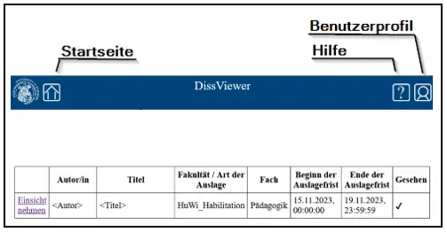 Startseite DissViewer mit Schaltknöpfen in der Titelleiste