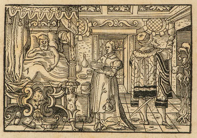 Ein Bild von einem Holzausschnitt auf dem ein Krankenlager im Mittelalter gezeigt wird - ein Mann im Bett liegend wird von einer anderen Person bedient.
