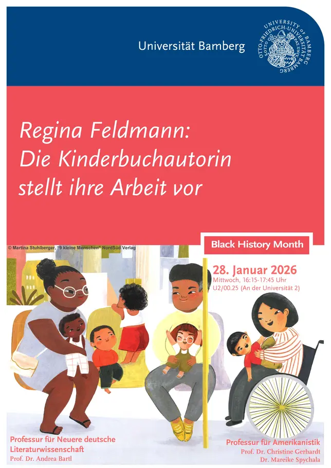 Poster für das Event "Regina Feldmann: Die Kinderbuchautorin stellt ihre Arbeit vor" am 28.01.2026 um 16:15 in U2/00.25. Das Poster zeigt eine Illustration aus dem Buch "9 kleine menschen" in dem man mehrere erwachsense Persons of Color mit ihren Kindern im ÖPNV sieht.