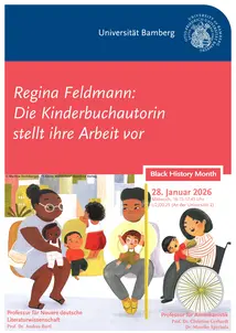 Poster für das Event "Regina Feldmann: Die Kinderbuchautorin stellt ihre Arbeit vor" am 28.01.2026 um 16:15 in U2/00.25. Das Poster zeigt eine Illustration aus dem Buch "9 kleine menschen" in dem man mehrere erwachsense Persons of Color mit ihren Kindern im ÖPNV sieht.