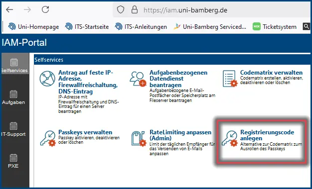 Abbildung 4: Im IAM-Portal Registrierungscode anlegen