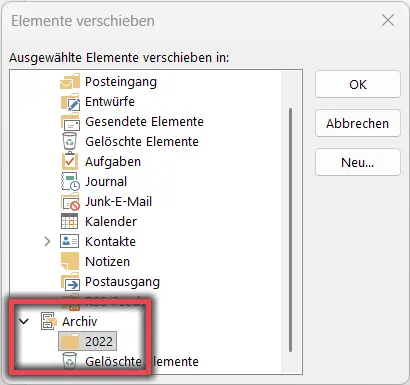 Ansicht Zielordner zum verschieben