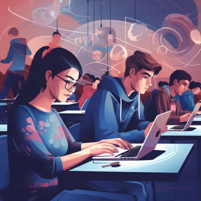 Illustration von Studierenden während einer E-Prüfung