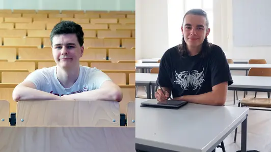 Eine Collage aus zwei Fotos, auf denen die Frühstudenten jeweils in einem Hörsaal sitzen und in die Kamera schauen.