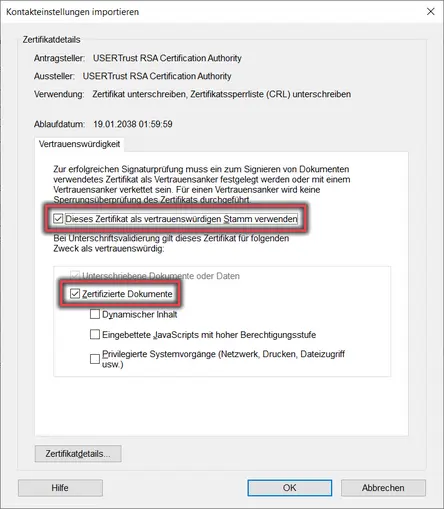 Ansicht Kontakteinstellungen importieren