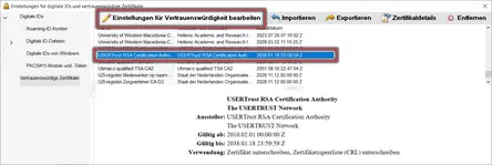 Ansicht Einstellungen für digitale IDs und vertrauenswürdige Zertifikate