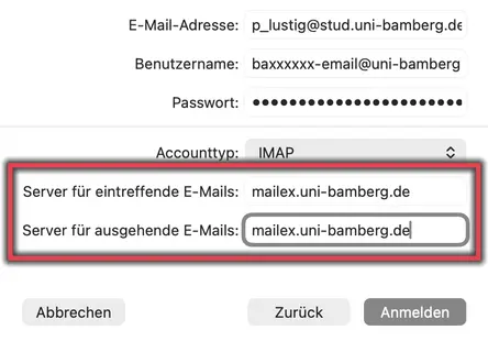 Ansicht E-Mail-Konto Konfiguration