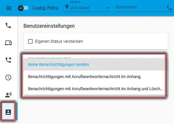 Über das Drop-Down-Menü in den Benutzereinstellungen kann die Art der Benachrichtigung eingestellt werden.