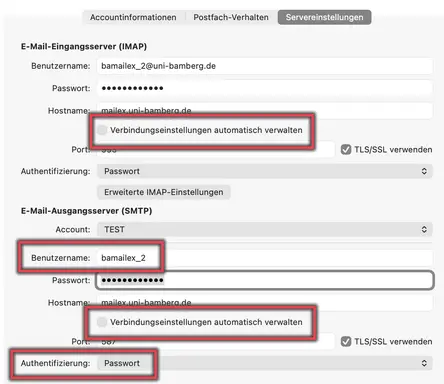 Ansicht Servereinstellungen unter Accounteinstellungen