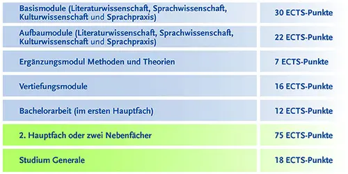 With English and American Studies as the major subject, you study four foundations modules: in Literary Studies, Linguistics, Cultural Studies and Language Practice, which gives you 30 ECTS points. For the advanced modules, you choose two out of three subjects (Literary Studies, Linguistics, Cultural Studies), and in addition Language Practice. From the two chosen subjects you pick one for your supplemental module “Methods and Theories”, for which you earn 7 ECTS points. One specialisation module in one of the three subjects and in Language Practice, giving 16 ECTS points, complete the modules. The bachelor’s thesis counts 12 ECTS points. Together with your second major subject or two minor subjects (75 ECTS points) and the Studium Generale (18 ECTS points) you reach 180 ECTS points, which are required to complete the study programme.