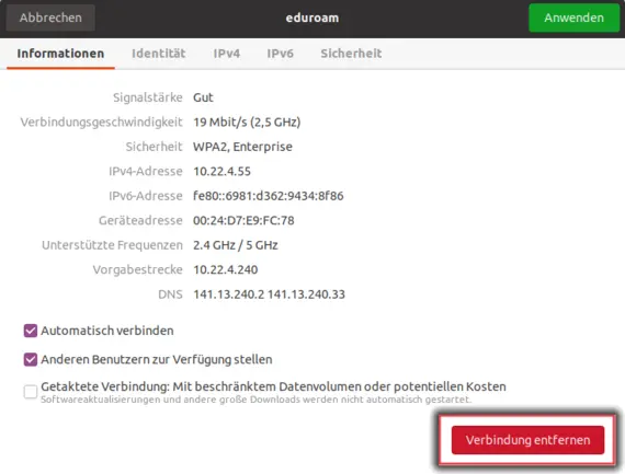 WLAN-Einstellungen für eduroam unter Linux Ubuntu 20.04. mit markierter Schaltfläche "Verbidung entfernen"