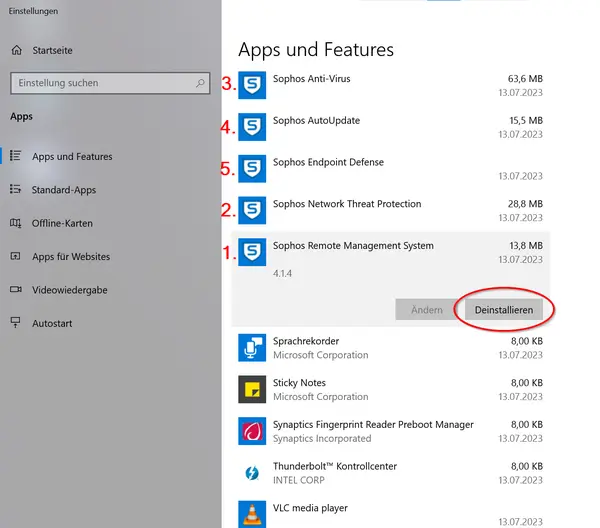 Bildschirmausschnitt der Windows-Einstellungen (Apps) und Angabe der Deinstallationsreihenfolge der Sophos-Komponenten