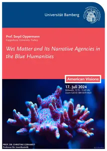 Poster for the guest lecture of Professor Serpil Oppermann. The poster contains information on the guest lecture as well as a photo of a blue and read coral.