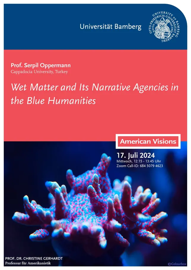 Poster for the guest lecture of Professor Serpil Oppermann. The poster contains information on the guest lecture as well as a photo of a blue and read coral.