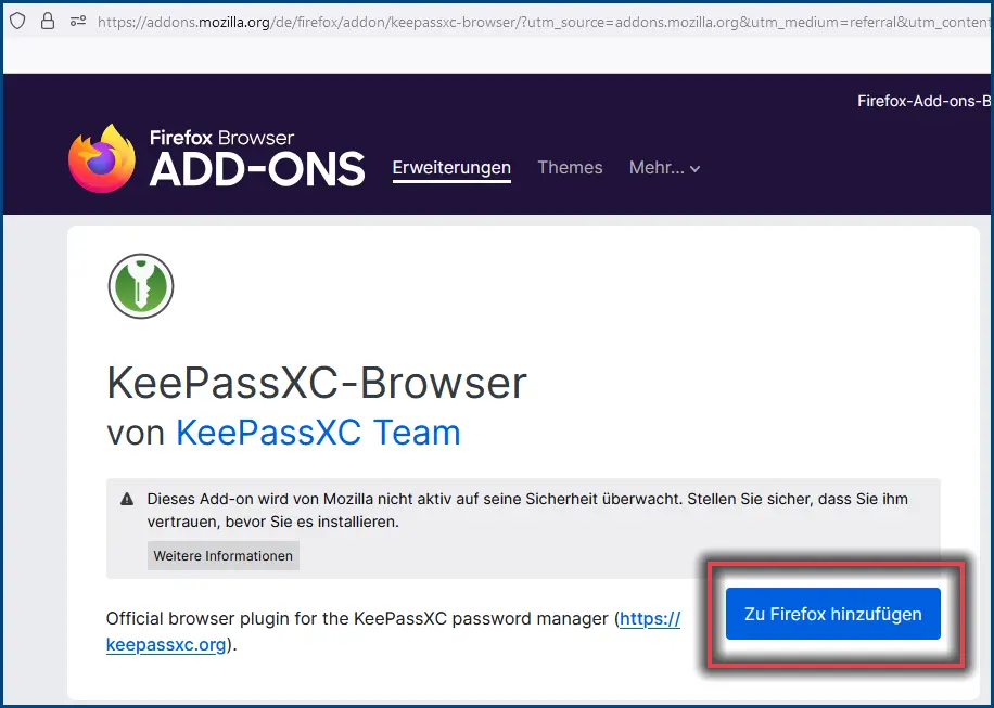 Ansicht KeePassXC Erweiterung Bsp. im Firefox