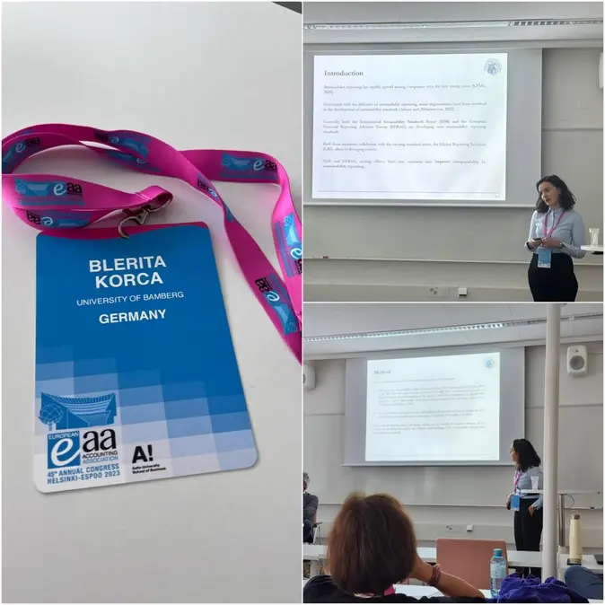 Hier sieht man eine Collage mit Fotos des Vortrages von Blerita Korca von der EAA-Tagung in Helsinki 2023