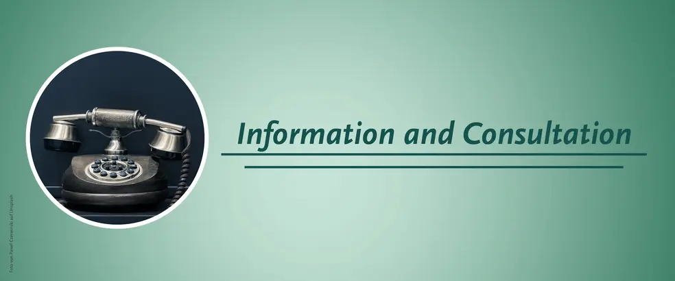 This is a banner with a green background for the 'Information and Consultation' page. In a circular image, it shows an old black telephone.