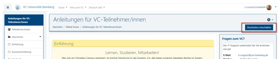 Kursausschnitt mit Markierung "Bearbeiten einschalten" Kursausschnitt mit Markierung „Bearbeiten einschalten"