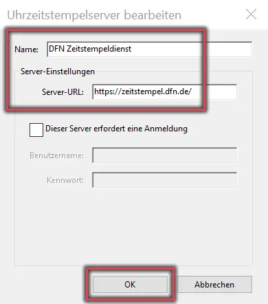 Ansicht Zeitstempeldienst Konfiguration