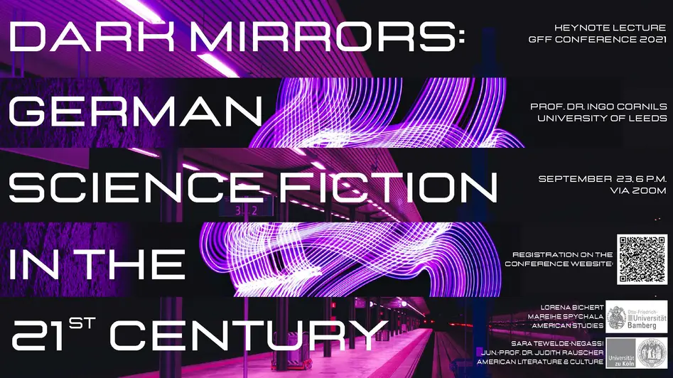 Poster für die Keynote von Professor Ingo Cornils mit dem Titel "Dark Mirrors: German Science Fiction in the 21 Century". Auf dem Poster ist eine Bahnhaltestelle zu sehen, die mit lilanem Licht beleuchtet ist. 