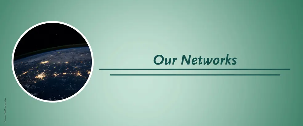 This is a banner with a green background for the 'Our Networks' page. A circular image shows the Earth at night from space. Numerous glowing dots can be seen on the dark surface, presumably representing cities or population centers. The upper edge of the image shows the slightly curved atmosphere of the earth surrounded by a dark starry sky. 