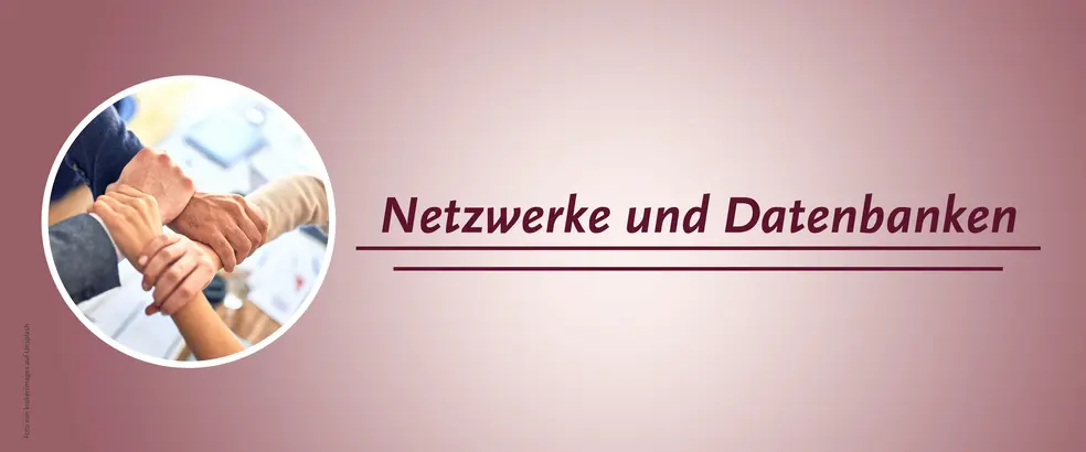 Zu sehen ist ein Banner mit dunkelrosa Hintergrund für die Seite 'Netzwerke und Datenbank'. In einem kleinen, kreisrunden Bild sind vier unterschiedliche Hände zu sehen, die miteinander verbunden sind.