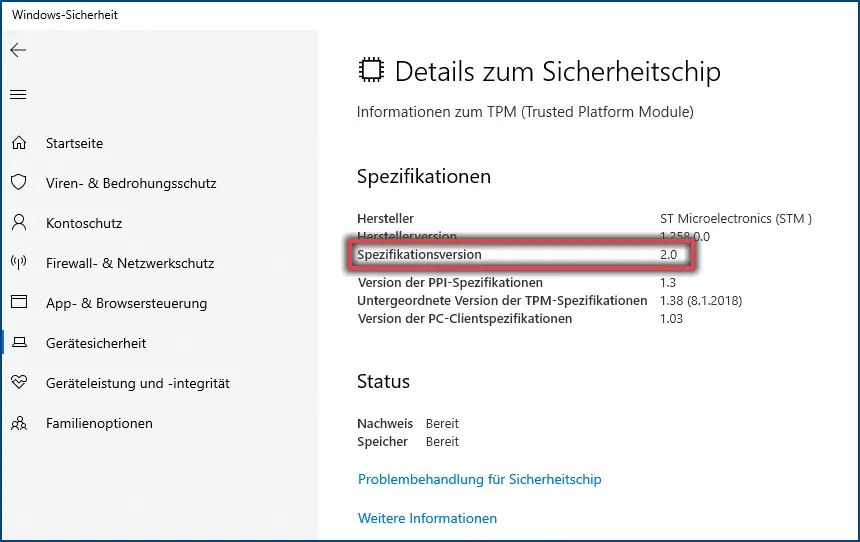 Abbildung 1: Windows-Sicherheits Spezifikationen