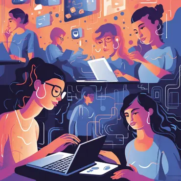 Illustration: Mehrere junge Menschen arbeiten am Laptop
