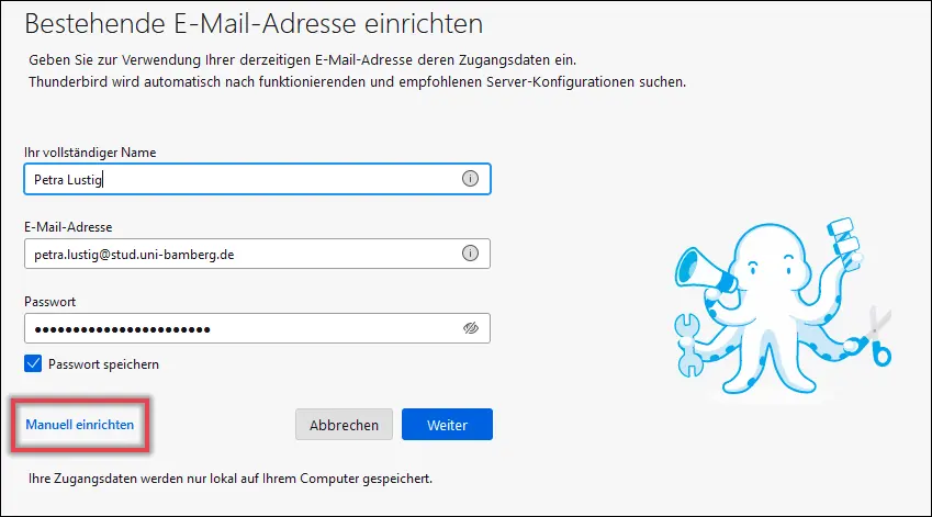 Fenster zum Einrichten einer bestehenden Mail-Adresse