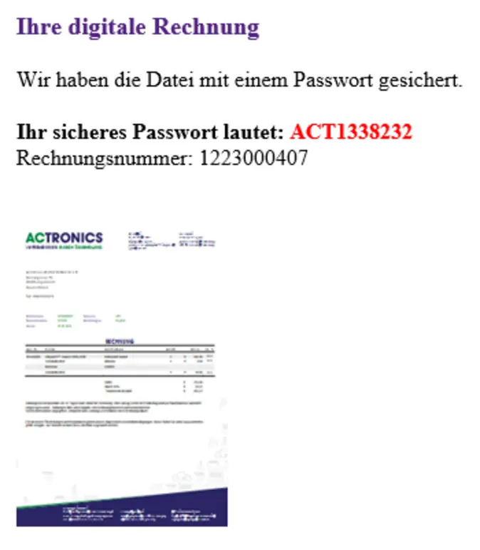 Gefährliche E-Mail mit Anzeige der Rechnung, die einen Link zu Schadsoftware enthält