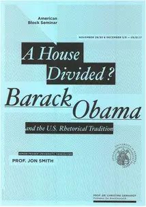 Poster for seminar "A House Divided? Barack Obama and the U.S. Rhetorical Tradition". Black font on turquoise background.